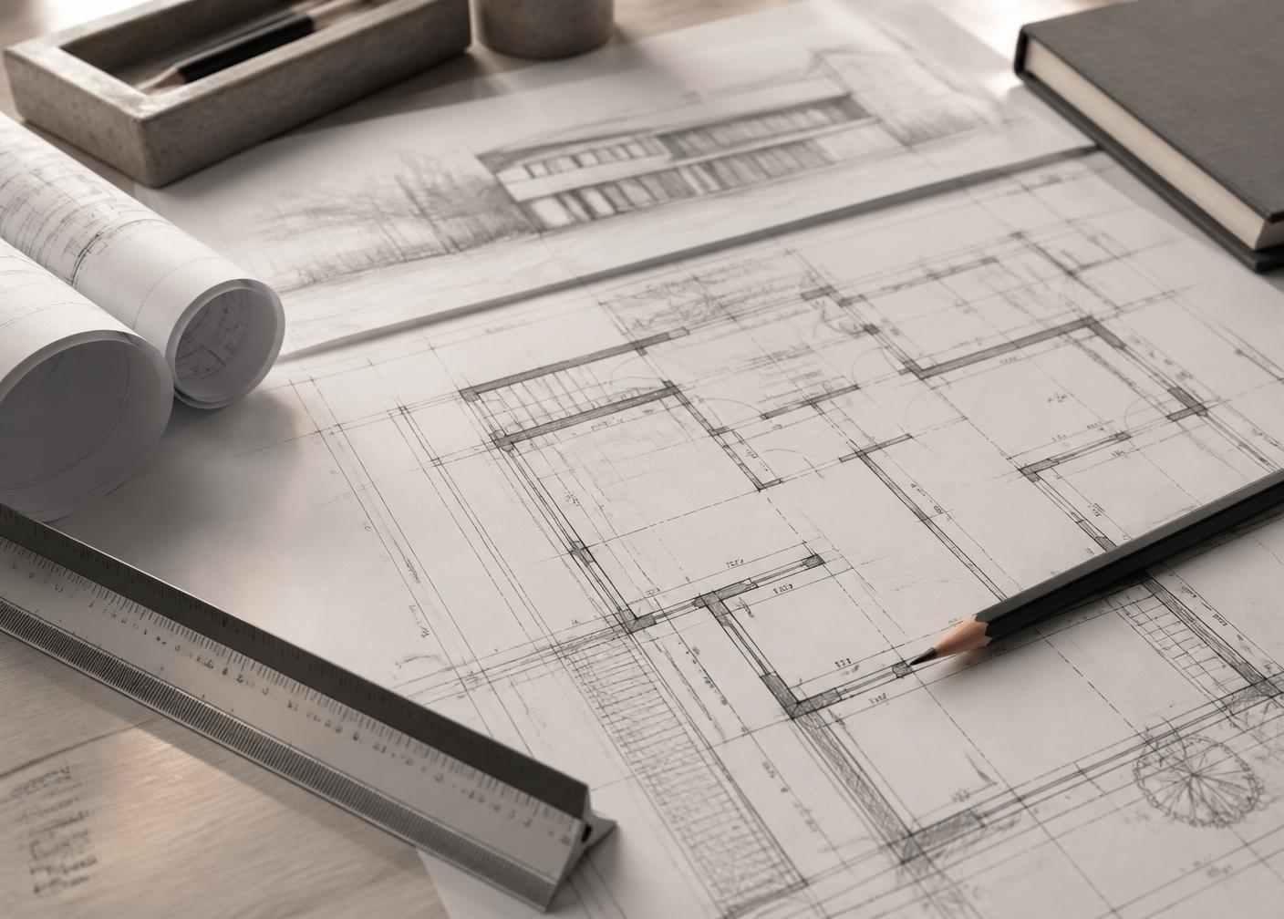 Plans techniques, règle graduée et crayon sur une table de travail, image d'illustration